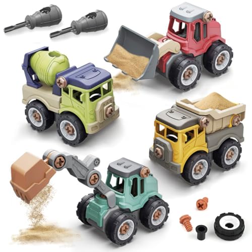 Bagger Spielzeug ab 3 4 5 Jahren, Baustellenfahrzeuge Kinder, 4 in1 Sandspielzeug Bagger, Spielzeugautos Bagger Sandkasten, Zerlegen Spielzeug DIY Baufahrzeuge Lernspielzeug für Jungen Mädchen Kit 2 von O-Kinee