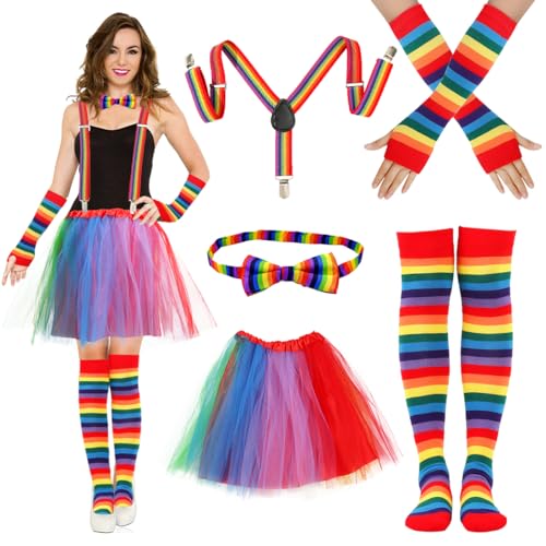 O-Kinee 5er Regenbogen Faschingskostüme Damen mit Regenbogen Tüllrock bunter Kniestrümpfe Fingerlose Handschuhe Hosenträger Bow Tie Set für 80er 90er Jahre Rock Mottoparty,Karneval,Halloween O-Kinee 5er Regenbogen Faschingskostüme Damen mit Regenbogen Tüllrock bunter Kniestrümpfe Fingerlose Handschuhe Hosenträger Bow Tie Set für 80er 90er Jahre Rock Mottoparty,Karneval,Halloween von O-Kinee