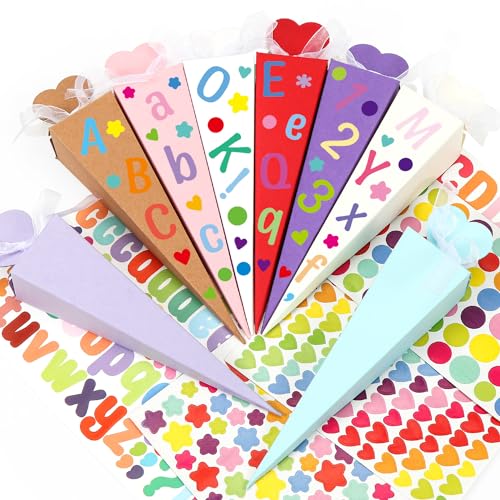 O-Kinee Kleine Schultüten 32stk,Schultüte Geschwistertüten 20cm,Zuckertüte zum Befüllen mit Aufklebern Band für die Einschulung zum Schulanfang & Geschenkverpackung von O-Kinee