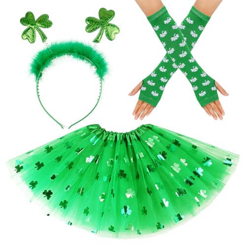 O-Kinee St.Patrick's Day Parade Kostümzubehör Set,Beinhaltet Shamrock Green Tutu Tüllrock und Arm Wärmer und Tiara Shamrock,für Karneval Mottoparty Dekoration von O-Kinee