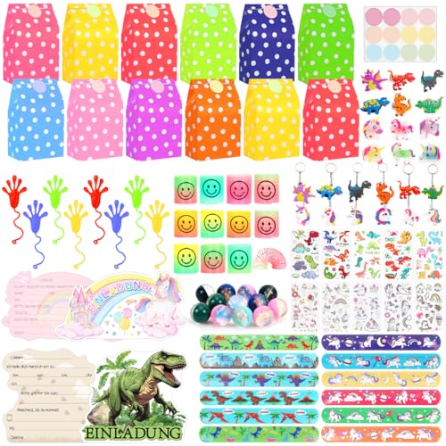 Party Mitgebsel Kindergeburtstag, Give Aways Kindergeburtstag Set mit Dino Einhörner Schnapparmband Schlüsselanhänger Geschenktüte Mini Dinos Figuren und Tattoo Aufkleber, Flummis, Einladungskarten von O-Kinee