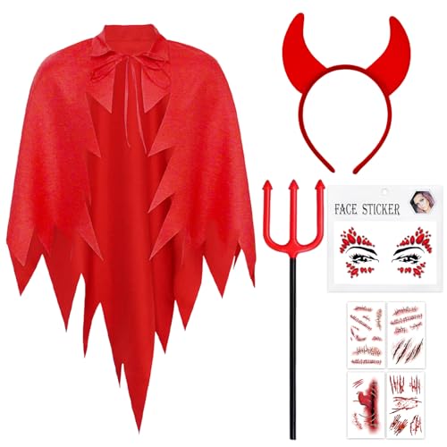 O'meFun Faschingskostüme Damen, Teufel Vampir Kostüm Damen, Kostüm karneval Teufel Umhang mit Teufelshörner, Dreizack, Strasssteine Gesicht Rot und Narben Tattoo für Karneval Halloween O'meFun Faschingskostüme Damen, Teufel Vampir Kostüm Damen, Kostüm karneval Teufel Umhang mit Teufelshörner, Dreizack, Strasssteine Gesicht Rot und Narben Tattoo für Karneval Halloween von O'meFun