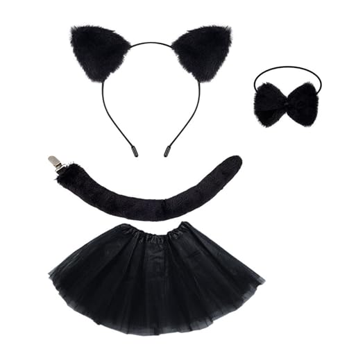 OAJABBGE Katzen Kostüm Set Ohr Hecksschwanz Bowit Tutus Rock Ausgefallene Kostüm Kits Accessoires Für Kinder Mädchen Halloween Cosplay Requisiten von OAJABBGE