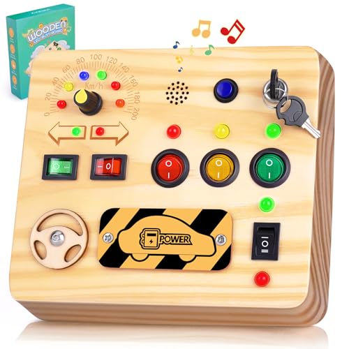 OAKJAR Montessori Busy Board Spielzeug ab 1 2 3 Jahr, Activity Board Holzspielzeug mit 9 Schaltern, 13 LED-Lichtern und Kleinkindermusik Motorikspielzeug für Babys Kleinkinder Jungen Mädchen (Auto) von OAKJAR