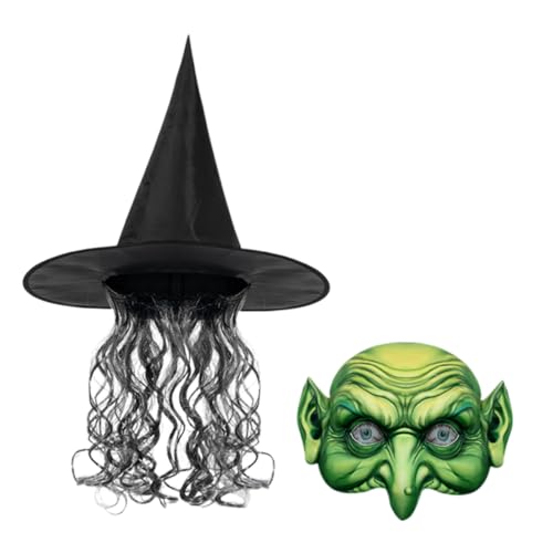 OATIPHO 1satz Hexenperücken-set Mit Hut Und Maske Für Halloween Stylischer Hexenhut Mit Breiter Krempe Für Karneval Kostüm-events Und Gruselige Mottopartys Hut Maske von OATIPHO