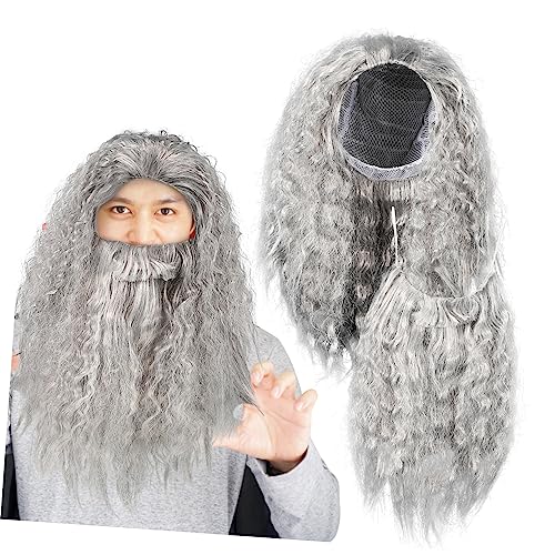 OATIPHO Langhaariger Grauer Zauberer Perücken und Bartset aus Hochwertigem Pet Abnehmbarer Vollbart Realistisches Halloween Cosplay Kostüm Zubehör für Fasching Erwachsene von OATIPHO