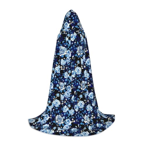 OAZCVBNN Blau Blumenmuster Rosen Print Zauberer Bademantel Halloween und Karneval Party Mantel mit Kapuze für Männer Frauen Teenager Kinder von OAZCVBNN