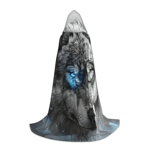 OAZCVBNN Blaue Augen Wolf Print Zauberer Bademantel Halloween und Karneval Party Mantel mit Kapuze für Männer Frauen Teenager Kinder, Schwarz, L von OAZCVBNN