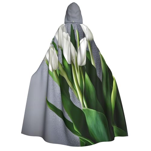 OAZCVBNN Kapuzenumhang mit weißen Tulpen und Blumen, Unisex, Erwachsene, für Halloween, Weihnachten, Karneval, Mottopartys von OAZCVBNN