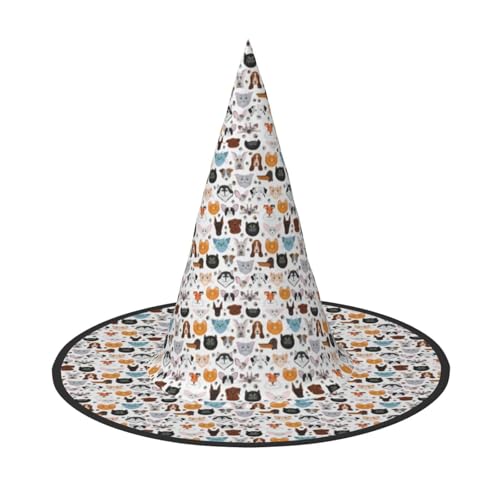 OAZCVBNN Katzen- und Hundegesichter Bulldogge Beagle Labrador Druck Unisex Halloween Hexenhut für Karneval Cosplay Faltbare Kappe und Mottopartys von OAZCVBNN