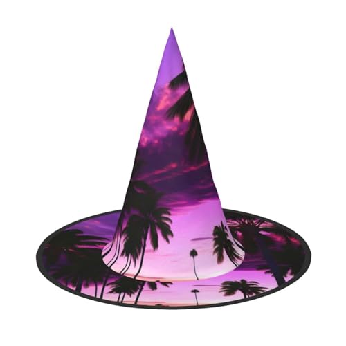 OAZCVBNN Palme lila Sonnenuntergang Druck Unisex Halloween Hexenhut für Karneval Cosplay Faltbare Kappe und Mottopartys von OAZCVBNN