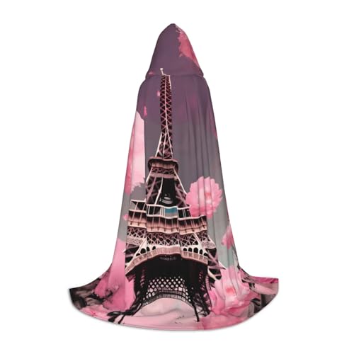 OAZCVBNN Paris Street Eiffelturm, rosa Blumendruck, Zauberer-Robe, Halloween und Karneval, Partys, Kapuzenumhang für Männer, Frauen, Teenager, Kinder von OAZCVBNN