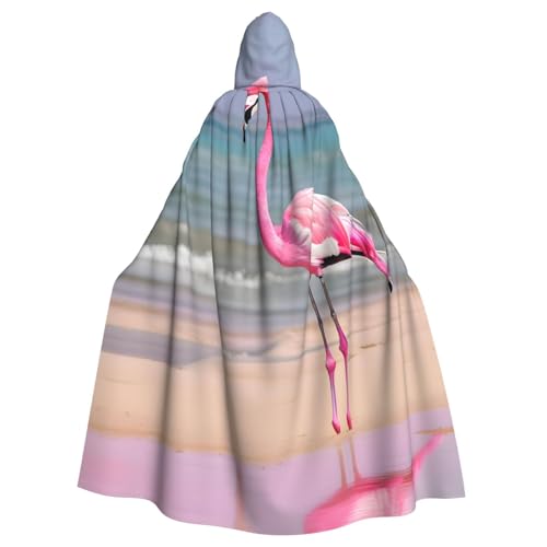 OAZCVBNN Rosafarbener Flamingo am Strand, Halloween-Kapuzenumhang, volle Länge, Erwachsene, Kinder, Unisex, mittelalterliches Cosplay-Kostüm von OAZCVBNN