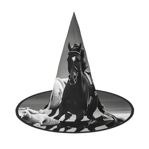 OAZCVBNN Schwarze und weiße Pferde laufender Druck Unisex Halloween Hexenhut für Karneval Cosplay Faltbare Kappe und Mottopartys von OAZCVBNN