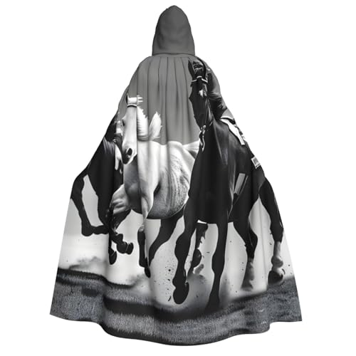 OAZCVBNN Schwarzer und weißer Kapuzenumhang mit Pferde-Motiv, Unisex, Erwachsene, für Halloween, Weihnachten, Karneval, Mottopartys von OAZCVBNN