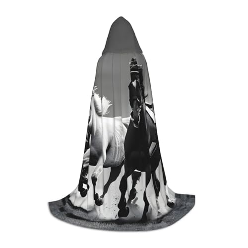 OAZCVBNN Schwarzer und weißer Zauberer-Umhang mit Pferden, für Halloween und Karneval, Partys, Kapuzenumhang für Männer, Frauen, Teenager, Kinder von OAZCVBNN