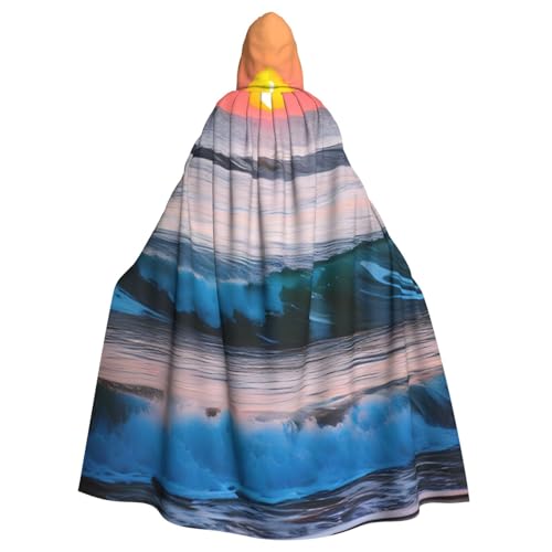 OAZCVBNN Sonnenuntergang und Sonnenaufgang mit Meereswellen-Druck, Halloween-Kapuzenumhang, volle Länge, Erwachsene, Kinder, Unisex, mittelalterliches Cosplay-Kostüm von OAZCVBNN