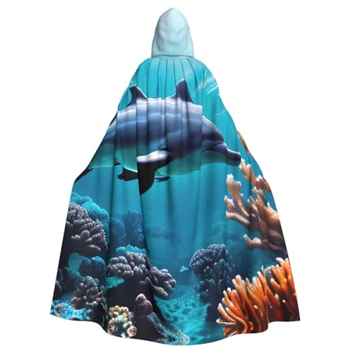 OAZCVBNN Wunderschöner Unterwasserwelt-Umhang mit Delfinen, Korallendruck, Halloween-Kapuzenumhang, volle Länge, Erwachsene, Kinder, Unisex, mittelalterliches Cosplay-Kostüm von OAZCVBNN