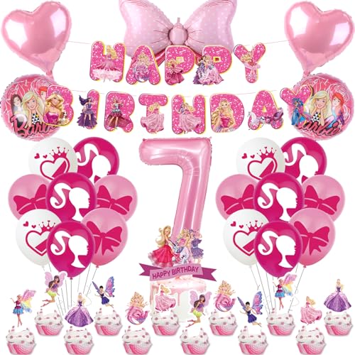 Prinzessin Deko Set für Mädchen 7 Jahre - 41 Stück Barbi Geburtstag Thema Mit Luftballon Rosa, Tortendeko, Happy Birthday Banner - Party Dekoration von OBBOR
