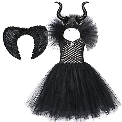 OBEEII Baby Mädchen-Maleficent Kostüm Schwarz Böse Fee Costume für Party Cosplay Weihnachten Zeremonie Halloween Bühnenaufführungen Kleid von OBEEII