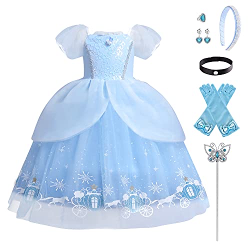 OBEEII Cinderella Kostüm Kinder Aschenputtel Prinzessin Kleid Mädchen Verkleidung Karneval Faschingskostüm Cosplay Halloween Festkleid Blau03 7PCS 6-7 Jahre von OBEEII