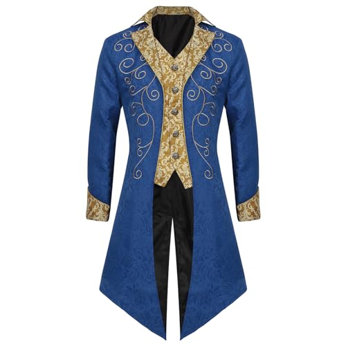 OBEEII Herren Steampunk Frack Mantel Vintage Mantel Mittelalter Gehrock Jacke Viktorianischen Karneval Kostüm Cosplay Halloween Fashing Smoking Kostüm Blau04 XL von OBEEII