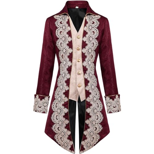 OBEEII Herren Steampunk Frack Mantel Vintage Mantel Mittelalter Gehrock Jacke Viktorianischen Karneval Kostüm Cosplay Halloween Fashing Smoking Kostüm Rot02 L von OBEEII