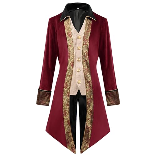 OBEEII Herren Steampunk Frack Mantel Vintage Mantel Mittelalter Gehrock Jacke Viktorianischen Karneval Kostüm Cosplay Halloween Fashing Smoking Kostüm Rot03 M von OBEEII