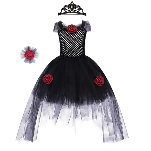 OBEEII Kinder Mädchen Prom Queen Halloween Kostüm Gothic Tüll Kleid Cosplay Kostüm mit Krone Rosette Armband für Fasching Cosplay Schwarz 7-8J OBEEII Kinder Mädchen Prom Queen Halloween Kostüm Gothic Tüll Kleid Cosplay Kostüm mit Krone Rosette Armband für Fasching Cosplay Schwarz 7-8J von OBEEII