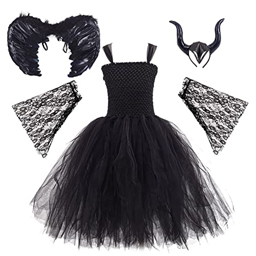 OBEEII Kostüm Maleficent Mädchen Halloween Karneval Tutu Kleid mit Stirnband + Flügel Sleeping Beauty Halloween Weihnachten Kostüm für Kinder schwarz 4-teilig 11-12 Jahre von OBEEII
