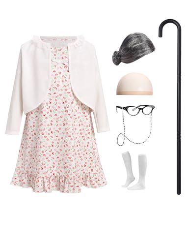 OBEEII Mädchen Alte Dame Kostüm 100 Tage der Schule Kostüm 8Teiliges Outfit Oma Kleid Mit Zubehör für Halloween Cosplay Karneval Rosa 10-11 Jahre OBEEII Mädchen Alte Dame Kostüm 100 Tage der Schule Kostüm 8Teiliges Outfit Oma Kleid Mit Zubehör für Halloween Cosplay Karneval Rosa 10-11 Jahre von OBEEII
