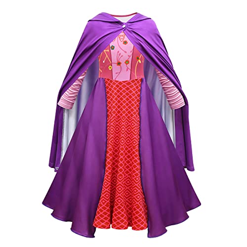 OBEEII Mädchen Hexenkleid Winifred Sarah Sanderson Cosplay Kleid Mary Sanderson Schwestern Kostüm für Karneval Halloween Violett+Mantel 13-14 Jahre von OBEEII