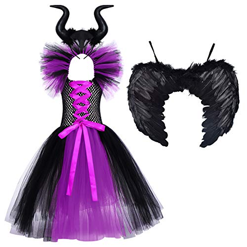 OBEEII Mädchen Kinder Hexen Maleficent Kostüm Fasching Karneval Mesh Tüll Prinzessin Kleid Mädchen Tanzkleid Tütü Rock 10-12 Jahre von OBEEII