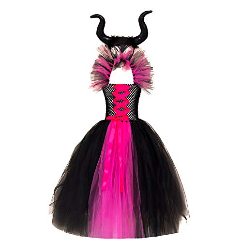 OBEEII Mädchen Kinder Hexen Maleficent Kostüm Fasching Karneval Mesh Tüll Prinzessin Kleid Mädchen Tanzkleid Tütü Rock von OBEEII