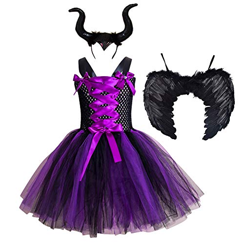 OBEEII Mädchen-Maleficent Kostüm Schwarz Böse Fee Costume für Party Cosplay Weihnachten Zeremonie Halloween Bühnenaufführungen Kleid von OBEEII