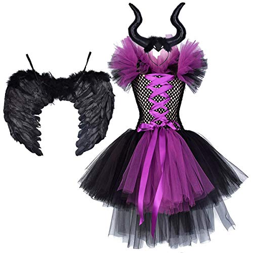 OBEEII Mädchen Teufel Kostüm Maleficent Kostüm Verkleidung Kleid + Haarbügel + Flügel 3PCS Outfit 11-12 Jahre von OBEEII