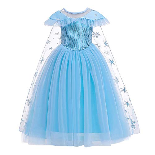 OBEEII Prinzessin Elsa Kostüm Mädchen Eiskönigi Kleid Karneval Weihnachten Verkleidung Party Halloween Fest Kleidung mit Umhang Blau02 6-7 Jahre von OBEEII