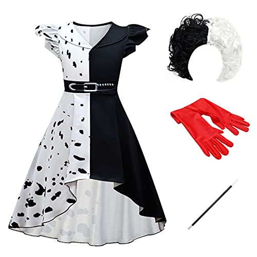 OBEEII 101 Dalmatiner Cruella De Vil Kostüm Kinder Mädchen Kleid Mantel für Halloween Cosplay Geburtstagsfeier Dress Up Kostüm Cruella04 + Zubehör 9-10 Jahre von OBEEII