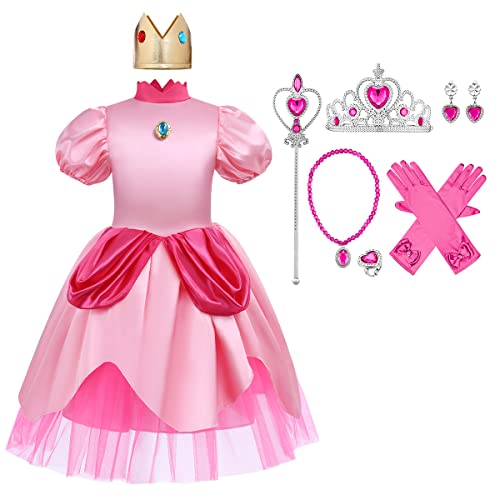 Super Brothers Kostüm Prinzessin Peach Kleid für Mädchen mit Krone Cosplay Karneval Halloween Party Dress Up Outfit Rosa + Zubehör 9-10 Jahre von OBEEII