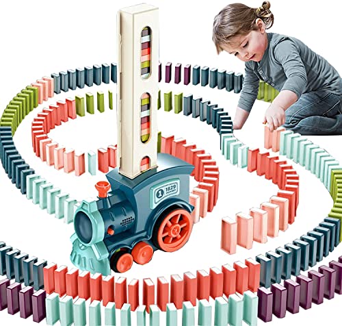 OBEST 180Pcs Domino Zug Spielzeug Set, Elektrischer Domino Rallye Zug mit Licht und Ton, Automatisches Domino-Verlegen Blöcken Stapelspielzeug für Kinder, Lernspielzeug für Jungen und Mädchen(Blau) von OBEST