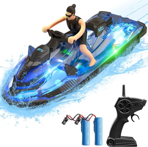 OBEST 2,4 GHz ferngesteuertes Boot,RC Motorboot mit LED-Leuchten und Simulationspuppen, 2 Batterien, Spielzeug für Kinder, geeignet für Schwimmbäder und Seen von OBEST