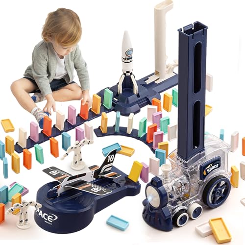 OBEST 200Pcs Domino Zug Spielzeug Set, Elektrischer Domino Rallye Zug mit Licht und Ton, Automatische Platzierung von Domino-Blöcken,Pädagogisches Spielzeug-Geschenk für Mädchen und Jungen ab 3 Jahren von OBEST
