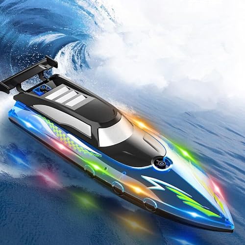 OBEST 20km/h Ferngesteuerte SpeedBoot, Hohegeschwindigkeit RC Wasserdichtes Boot mit LED-Licht, 2,4-GHz-Rennboote für Pools und Seen mit 2 Akku 50Min Spielen, Rudern-Spielzeug für Kinder&Erwachsene von OBEST