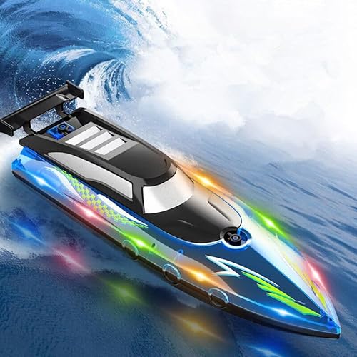 OBEST 20km/h Ferngesteuerte SpeedBoot, Hohegeschwindigkeit RC Wasserdichtes Boot mit LED-Licht, 2,4-GHz-Rennboote für Pools und Seen mit 2 Akku 50Min Spielen, Rudern-Spielzeug für Kinder&Erwachsene von OBEST