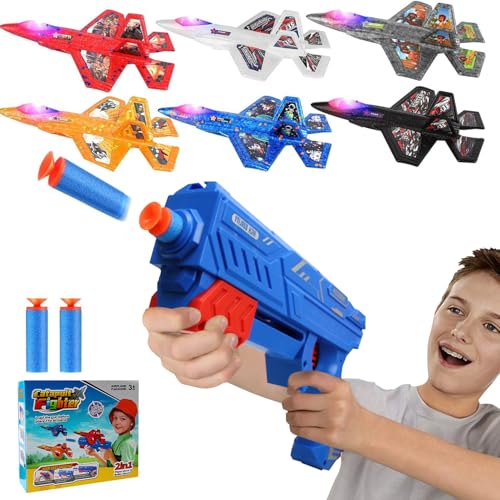 OBEST 3 in 1 Katapult Flugzeug Spielzeug,6 Stück styroporflieger Kinder mit Launcher Pistole,Throwing Gliders with Catapult Gun,mit farbigen Lichtern und Schaumstoffgeschosse,wurfgleiter styropor von OBEST