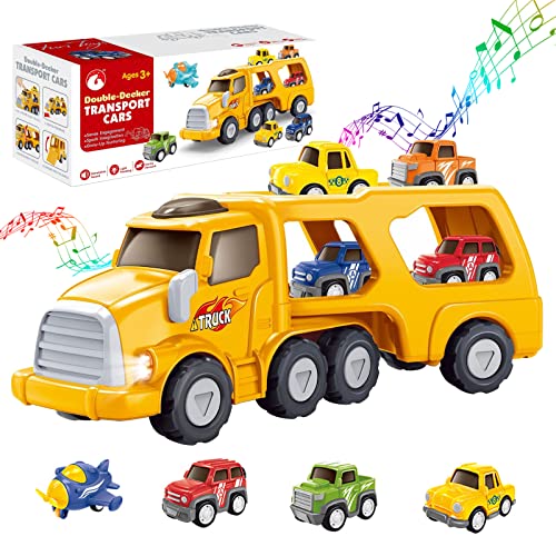 OBEST 5 in 1 Auto Spielzeug für Kinder, LKW Spielzeug Transporter für 2 3 4 5 Jahre Junge mit 3 Mini-Autos Kinder Truck und 1 Hubschrauber, Anhänger zum Abkoppeln, Trägheitsspielzeugauto Geschenk von OBEST