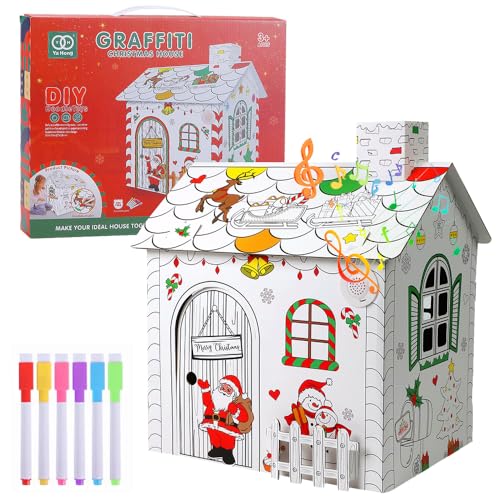 OBEST DIY Malerei Papphaus, Weihnachten Haus Spielzeug mit 6 Farben Stift, Licht und Musik,Zum Malen und Dekorieren, Geschenke für Jungen und Mädchen von OBEST