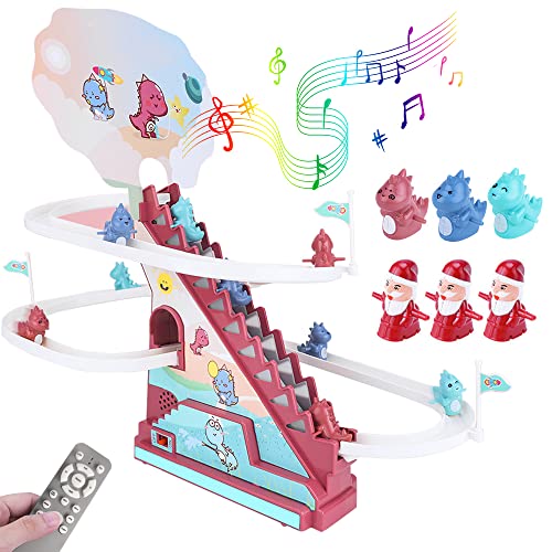 OBEST Elektrisches Musik-Schiebespielzeug, Treppensteigen-Spielzeug, Weihnachten Spielzeug mit Weihnachtsmann und Dinosauriern, 2 Sets mit austauschbaren Themen von OBEST