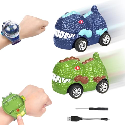 OBEST Fernbedienung Auto Uhr,2 Teiliger Mini Dinosaurier Rennwagen,2.4GHz USB Tragbares Sportspielzeug,Geschenk für Jungen und Mädchen von OBEST