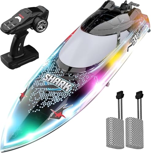 OBEST Fernbedienungsboot mit LED-Lichtern, 30 + KM/h RC Shark Speedboat, 2,4 GHz Wettbewerbsboot, Low Power Alarm, Jungen und Mädchen Lieblings Wasserspielzeug Geschenk, 2 Batterien OBEST Fernbedienungsboot mit LED-Lichtern, 30 + KM/h RC Shark Speedboat, 2,4 GHz Wettbewerbsboot, Low Power Alarm, Jungen und Mädchen Lieblings Wasserspielzeug Geschenk, 2 Batterien von OBEST